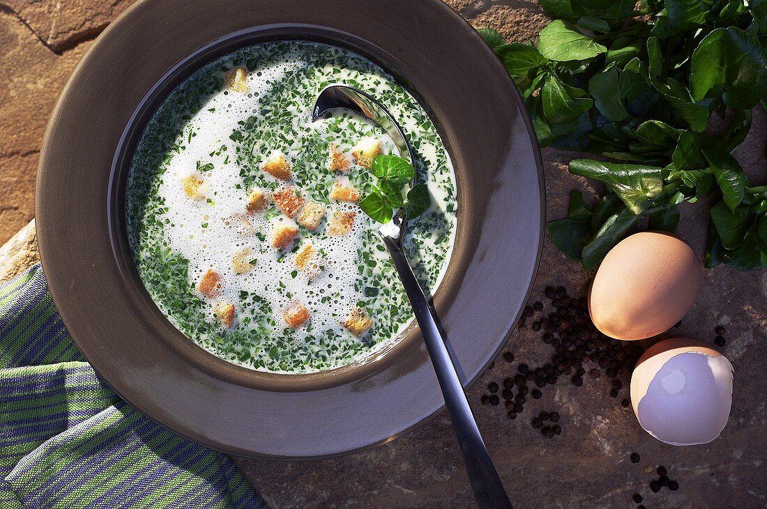 Watercress soup with croutons