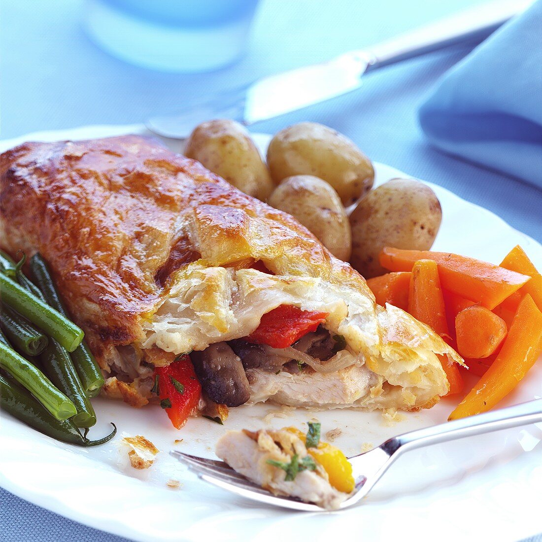 Filo pastry with chicken and vegetable filling