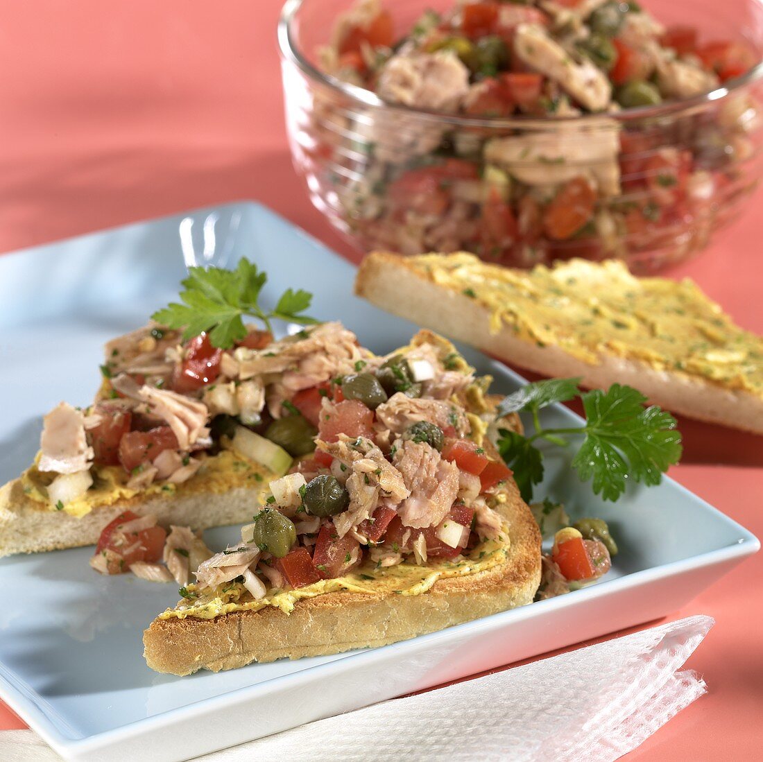 Tuna salad on toast triangles