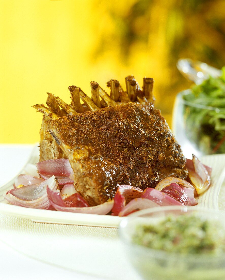 Rack of lamb with red onions