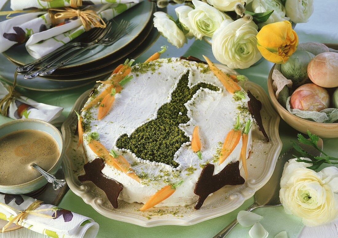Almond carrot cake with pistachio Easter bunny