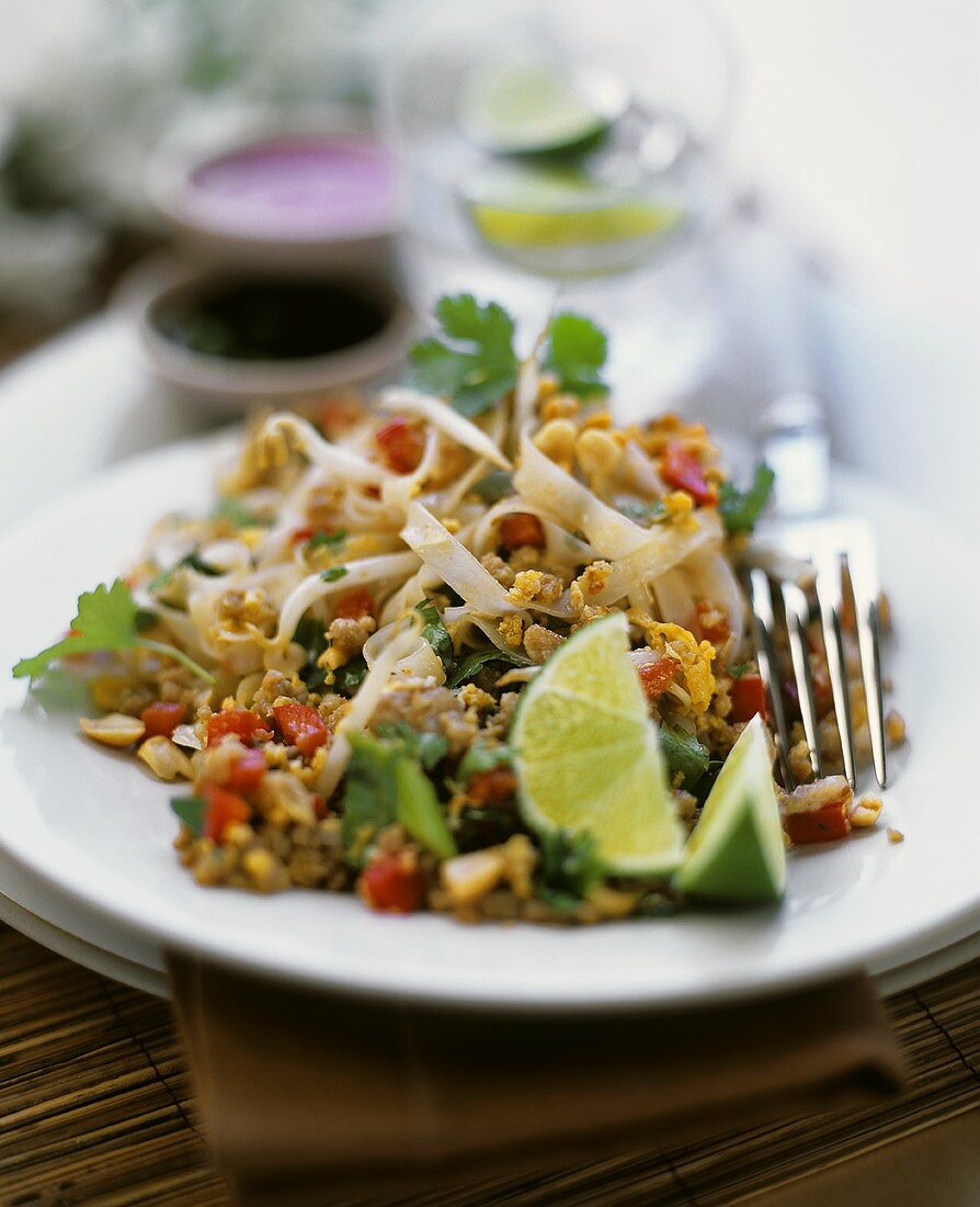 Reisnudelsalat mit Hackfleisch, Sprossen und Nüssen