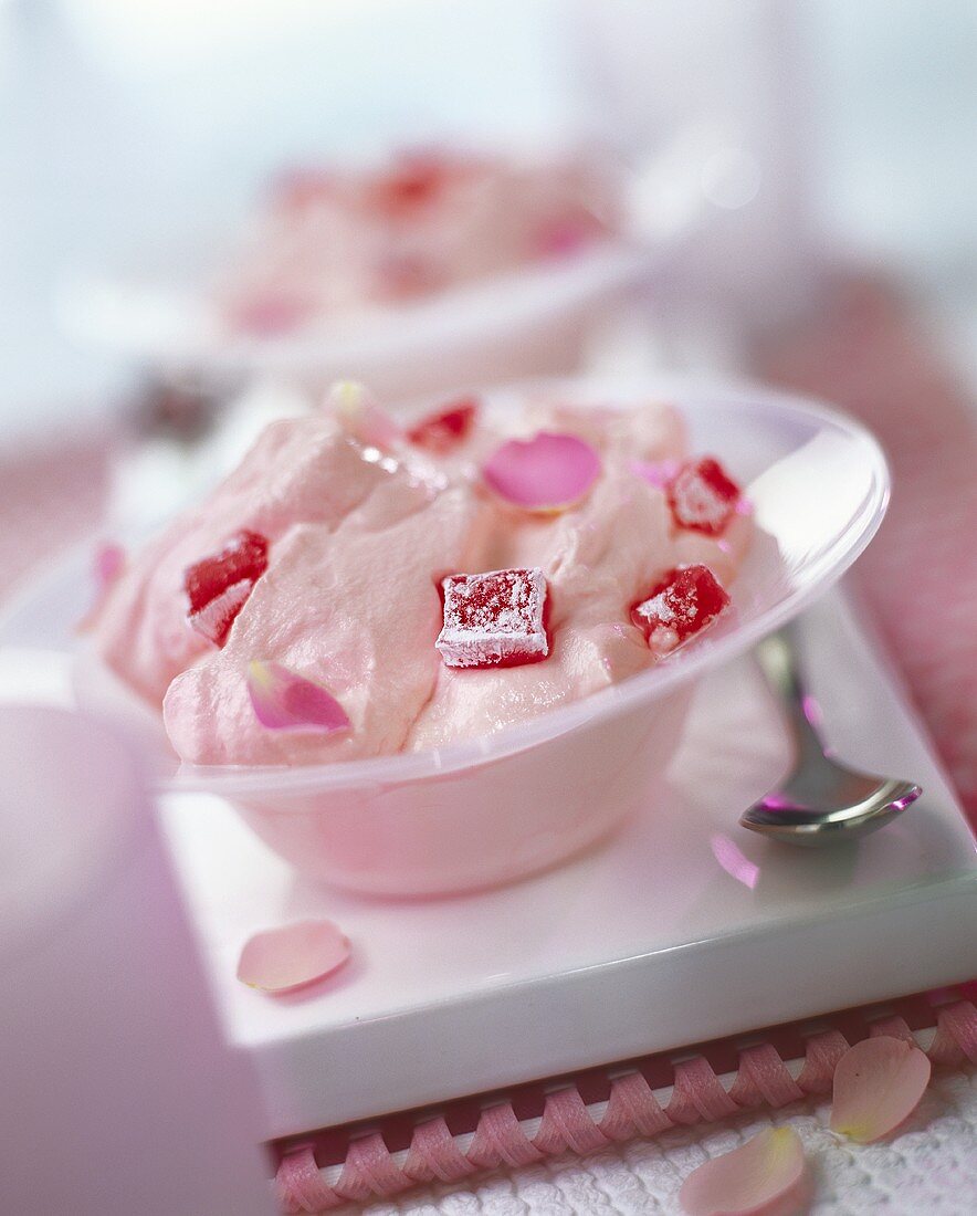 Raspberry whip with raspberry jelly and rose petals