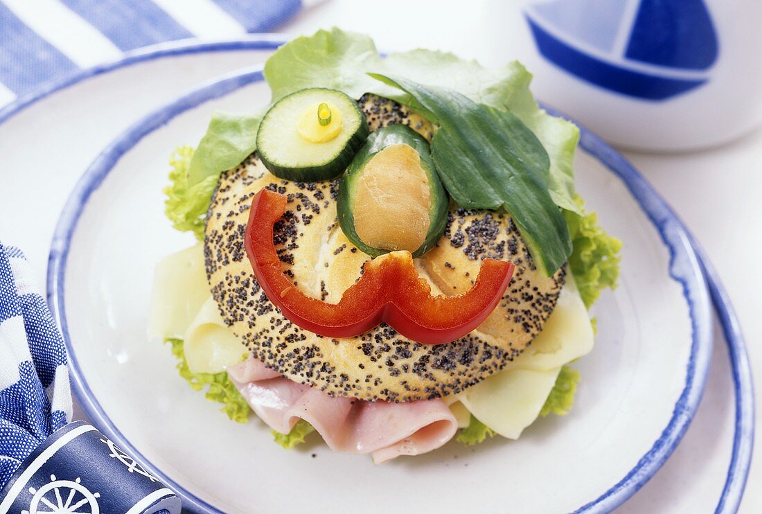 Pirate roll (poppy seed roll sandwich with pirate's face)