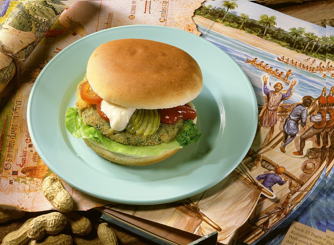 Fish and banana burger on plate; décor: picture, maps