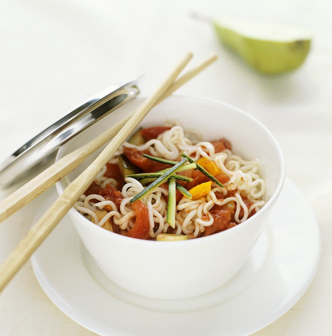 Udon noodles with ratatouille