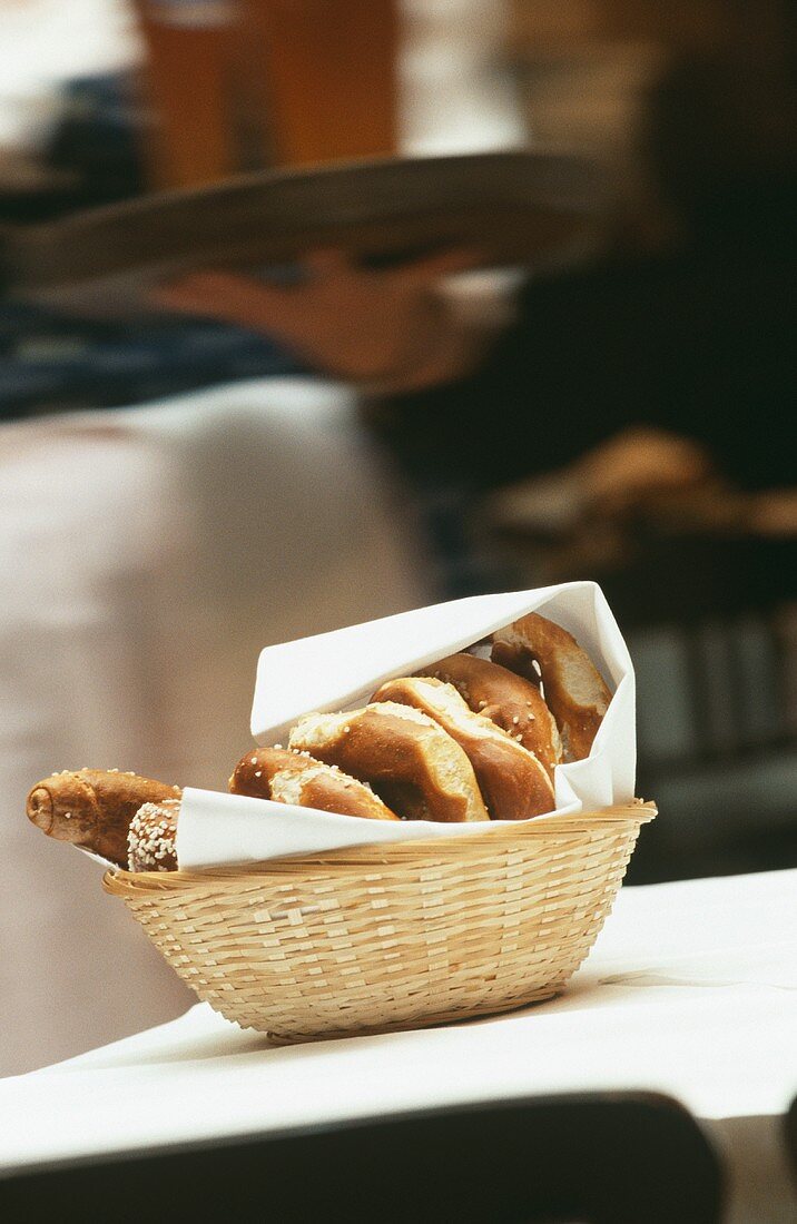 Pretzels in bread basket in a hotel