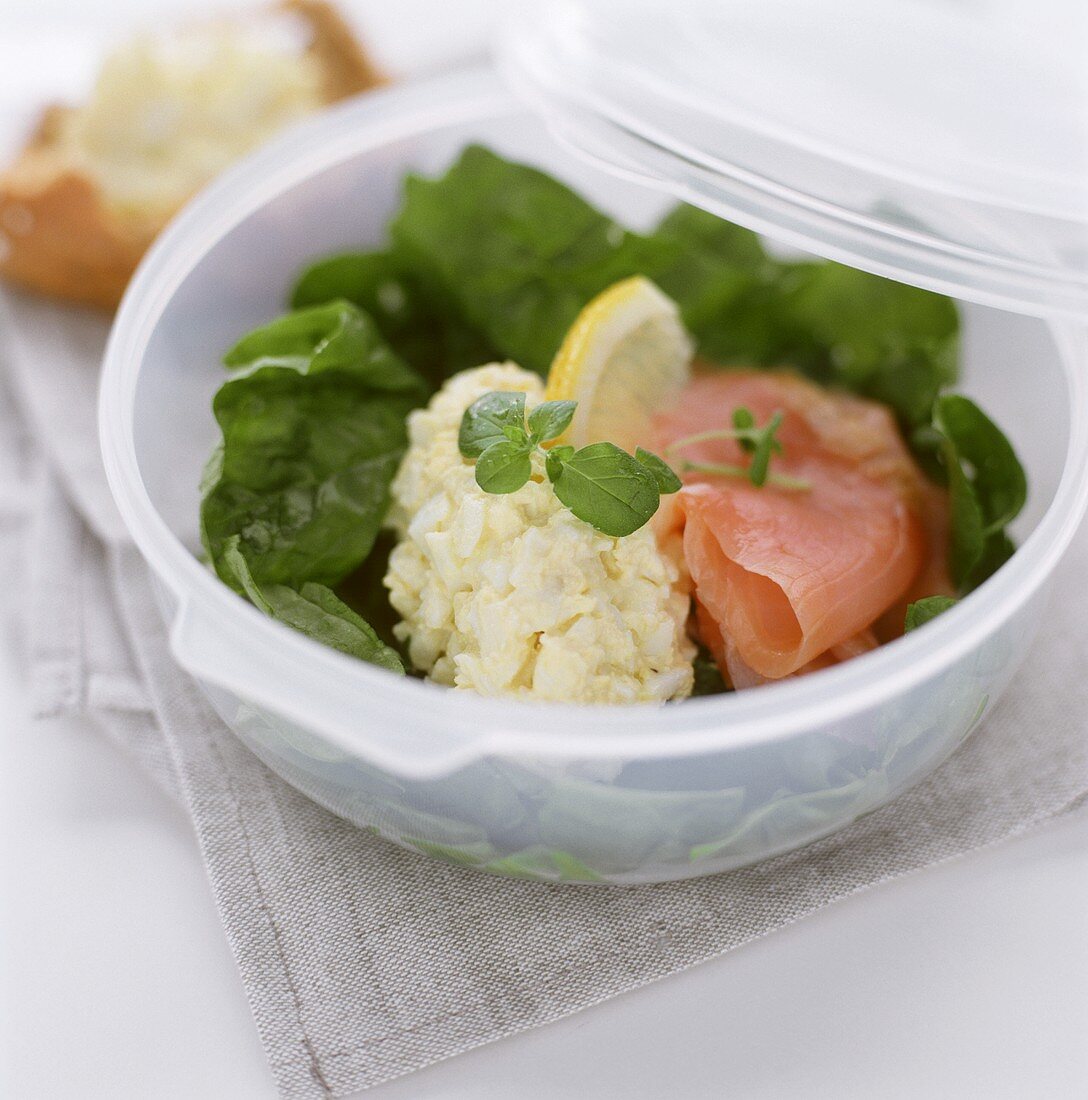 Egg salad with salmon and salad leaves in sandwich box