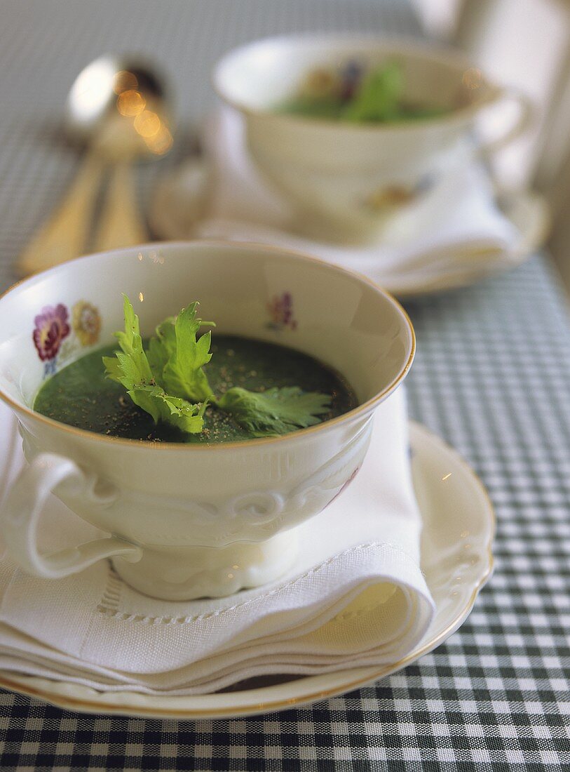 Potato and parsley soup in soup cups
