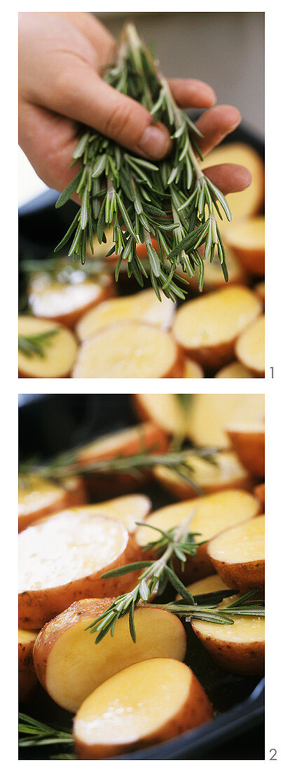 Preparing roast potatoes with rosemary