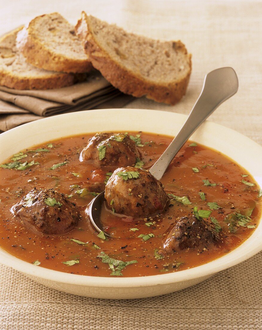 Spicy tomato soup with meatballs