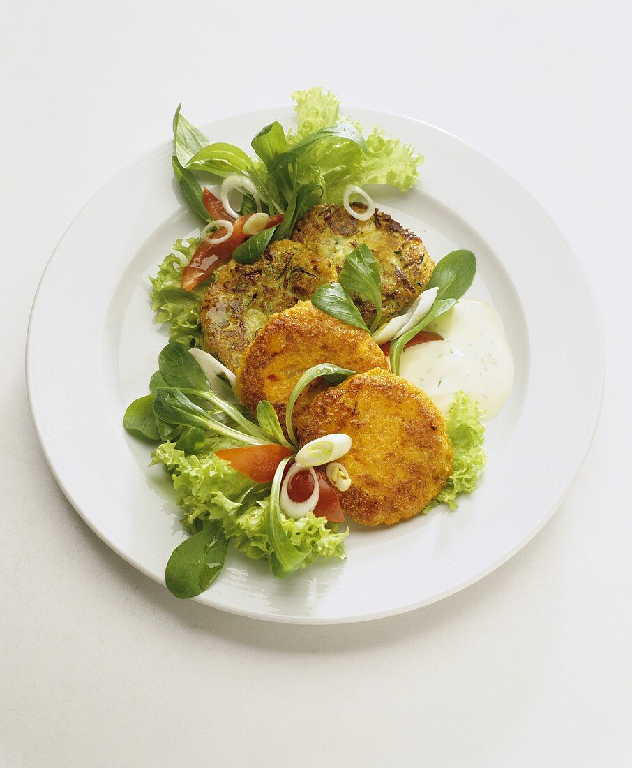Vegetable burgers with chive and yoghurt sauce and salad