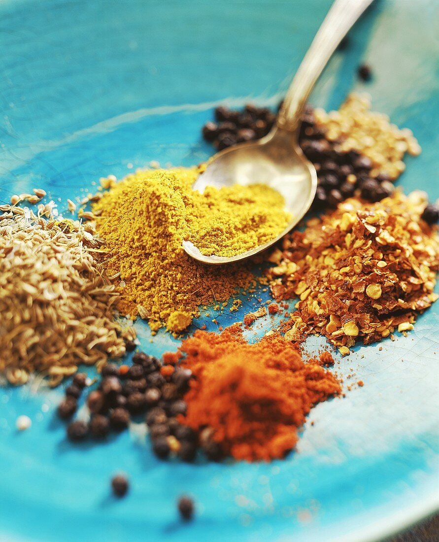 Spices: turmeric, paprika, allspice, coriander, chili