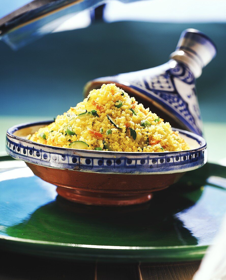 Vegetable couscous, served in Moroccan tajine