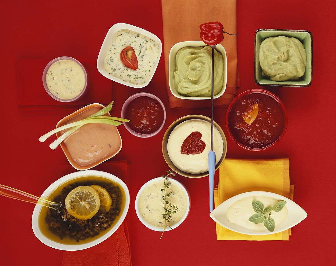 Various barbecue sauces on red background