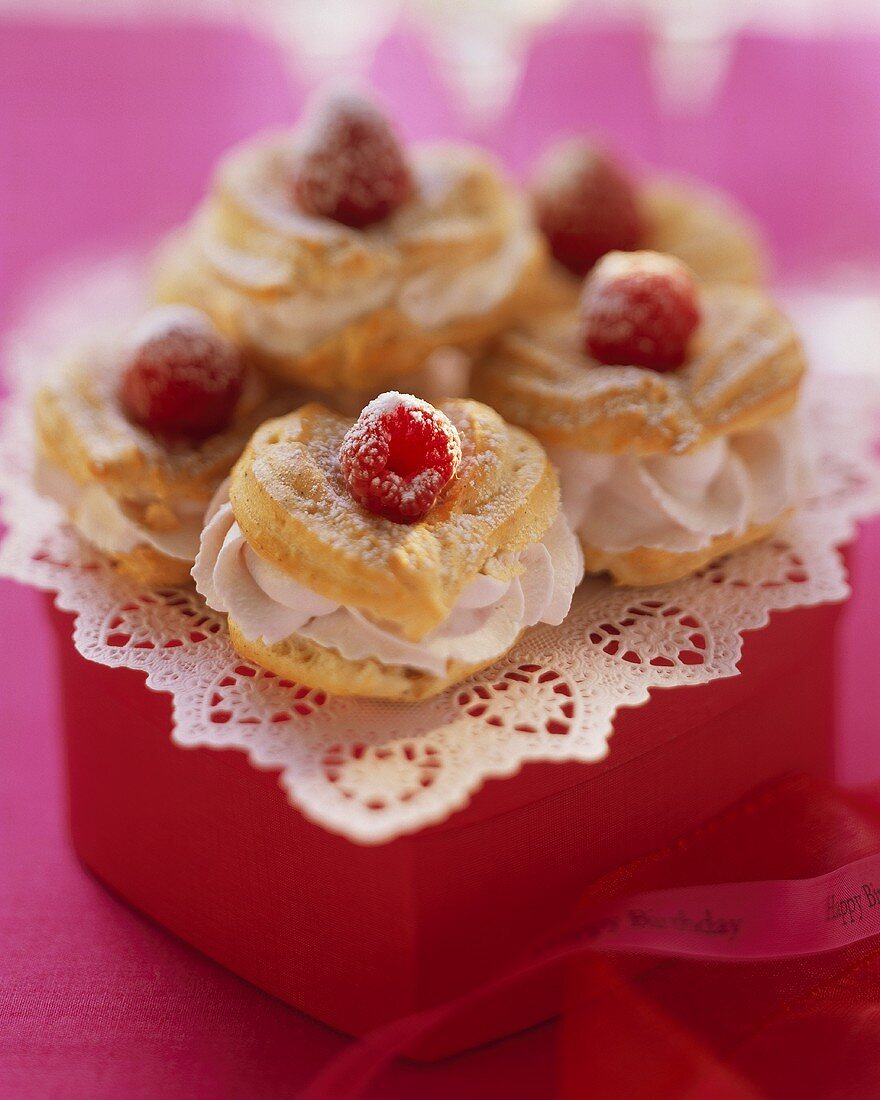 Choux pastry hearts with raspberry & mascarpone filling