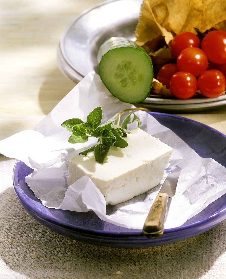 Sheep's cheese with cherry tomatoes and cucumber