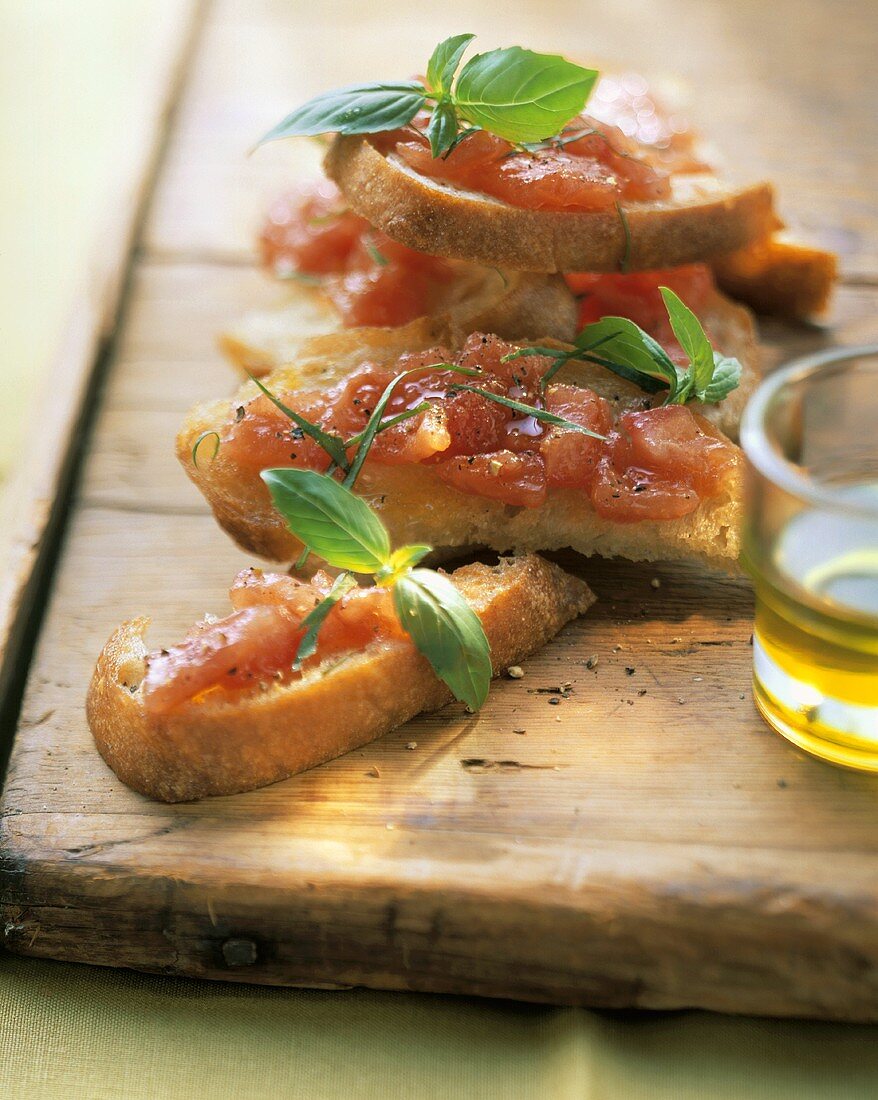 Bruschette (toasted bread with tomatoes), Tuscany, Italy