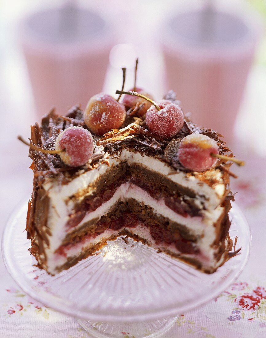 Small Black Forest gateau, slices taken