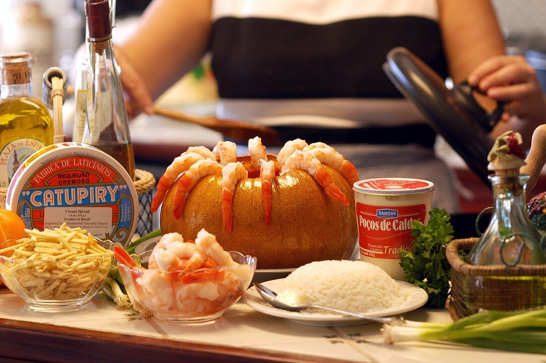 Ingredients for Camarao na Moranga (pumpkin & shrimp dish)