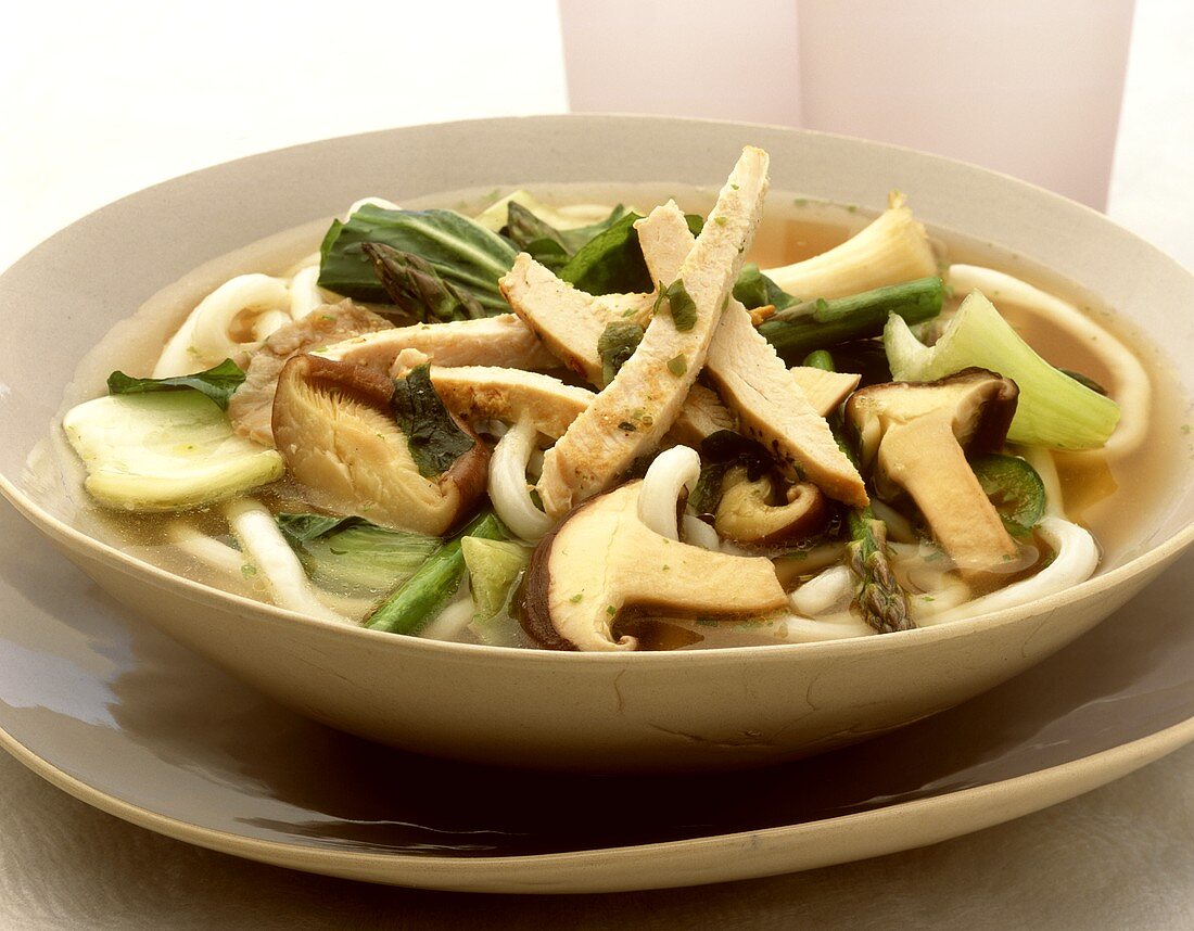 Nudel-Hühner-Suppe mit Gemüse und Pilzen aus dem Wok