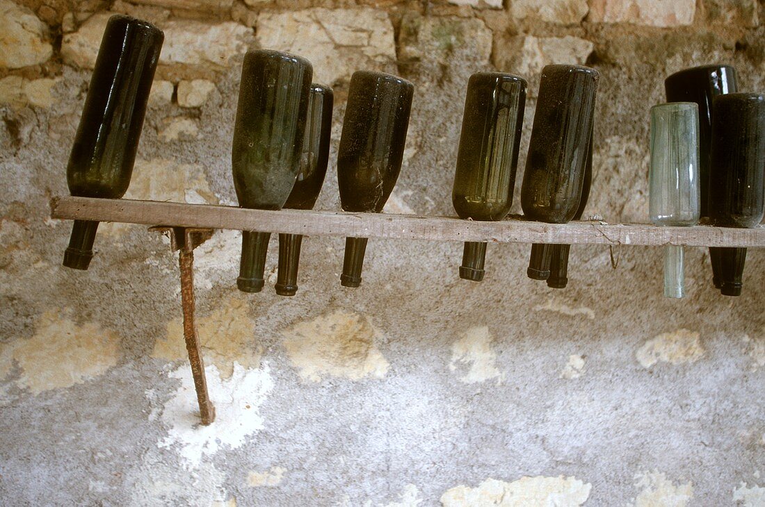 Leere Weinflaschen, Château de Coulaine, Loire, Frankreich