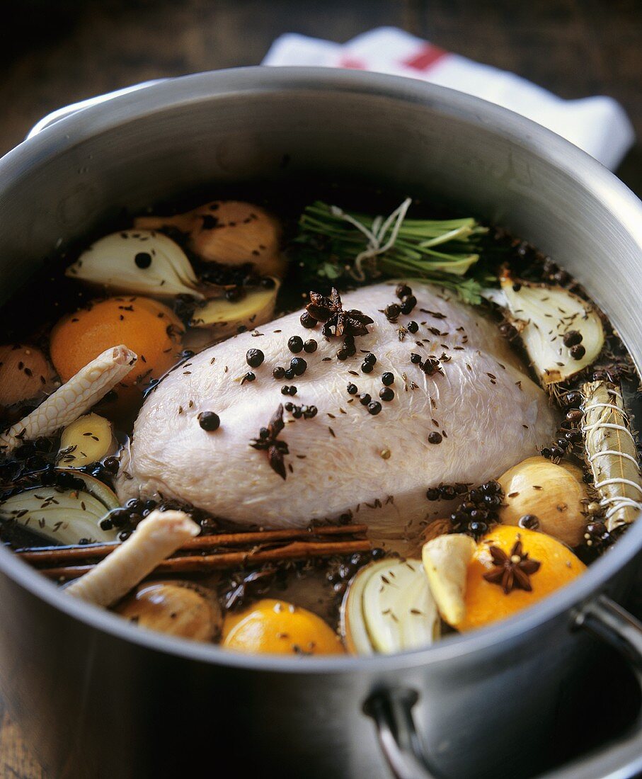 Boiling fowl in vegetable stock