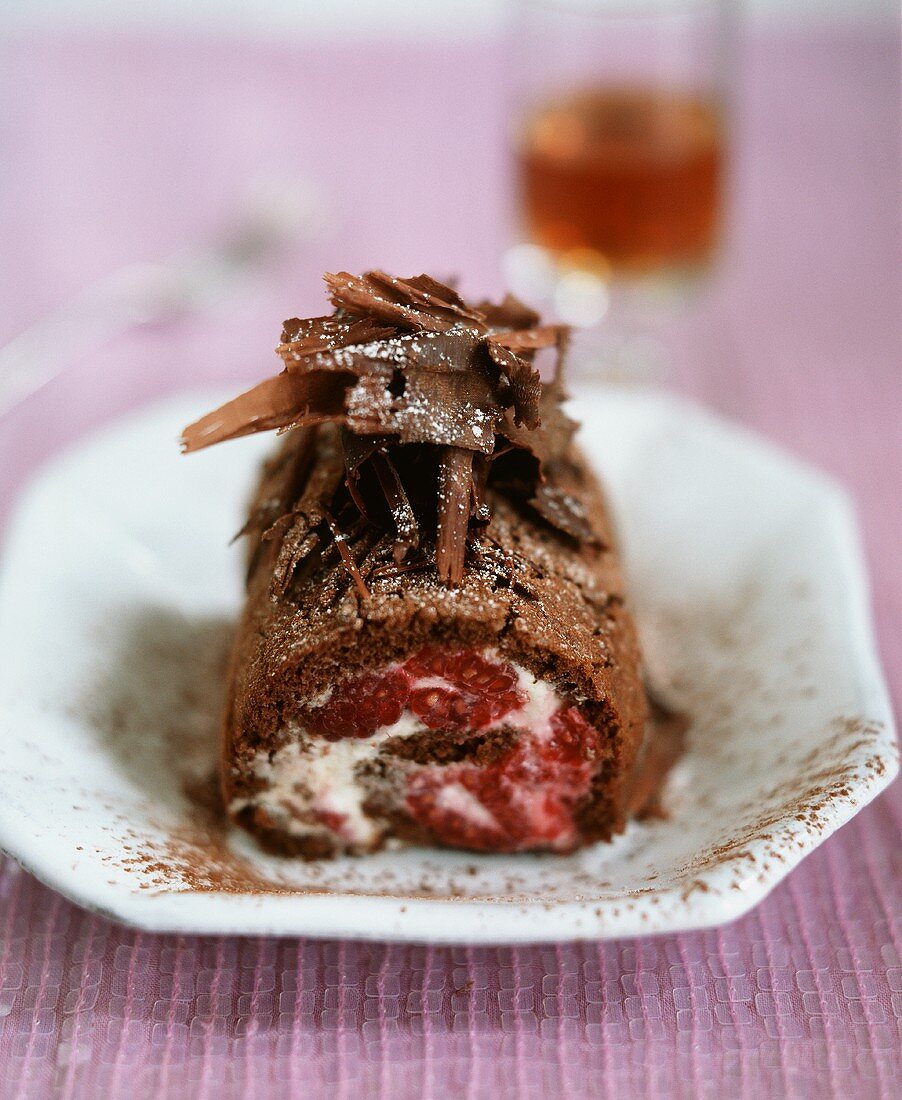 Chocolate sponge roulade filled with raspberry cream