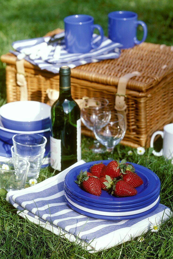 Picknickszene mit Erdbeeren, Geschirr & Korb auf der Wiese