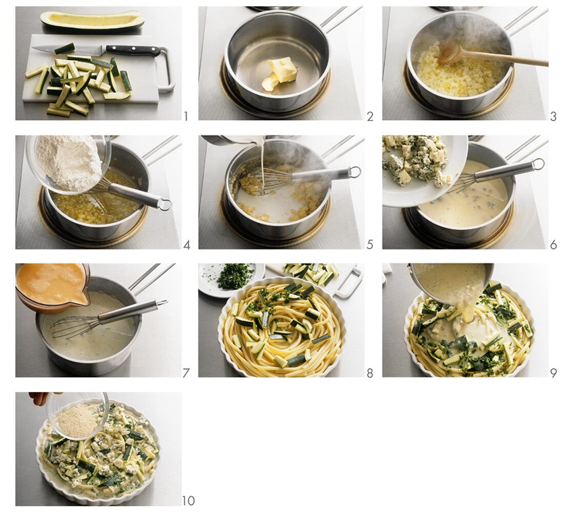 Making macaroni bake with courgettes