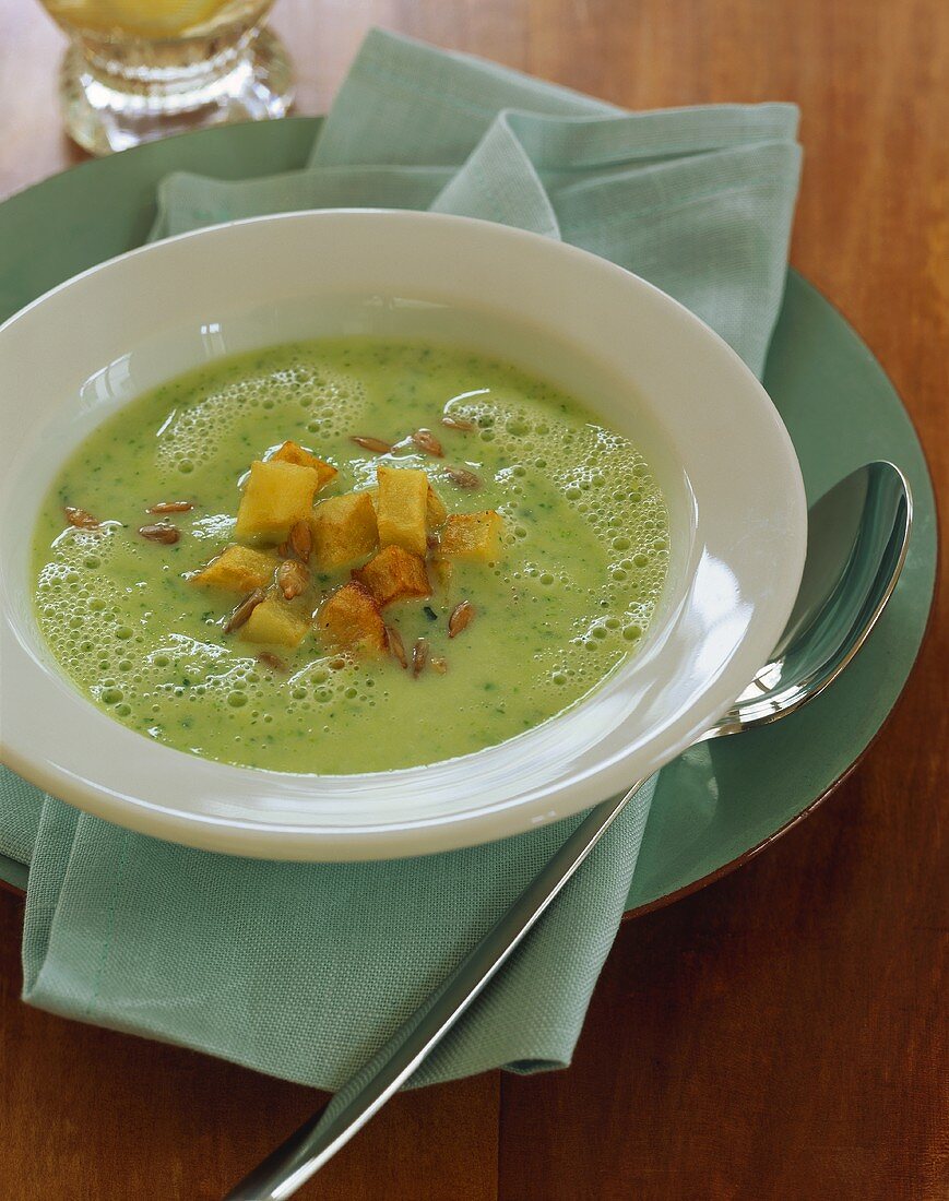 Courgette soup with potato croutons