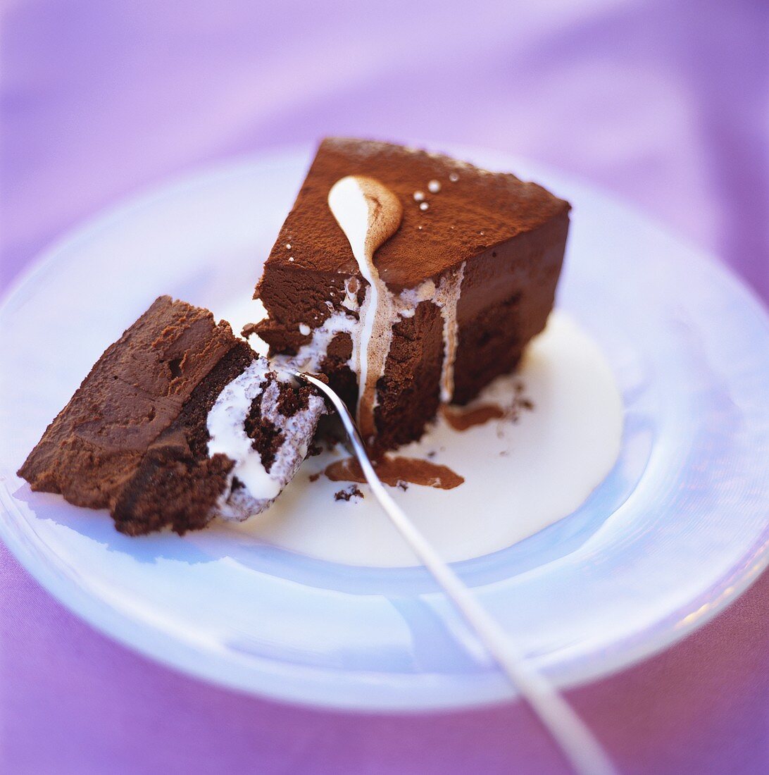 A piece of chocolate cake with vanilla cream