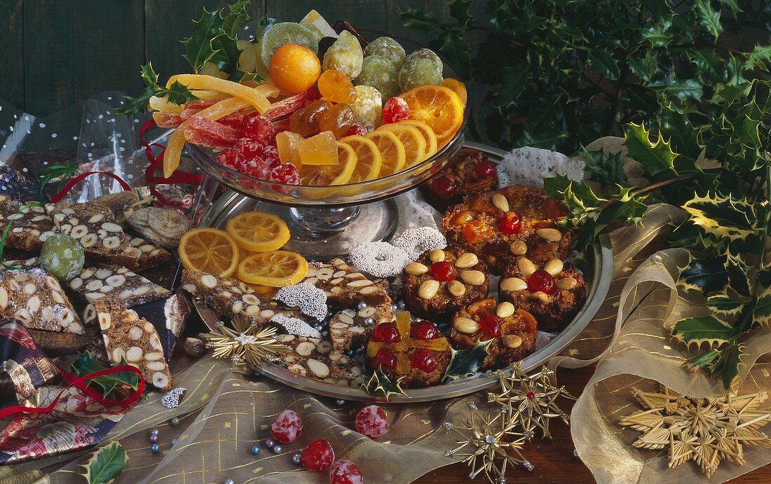 Christmas still life with candied fruit and baking