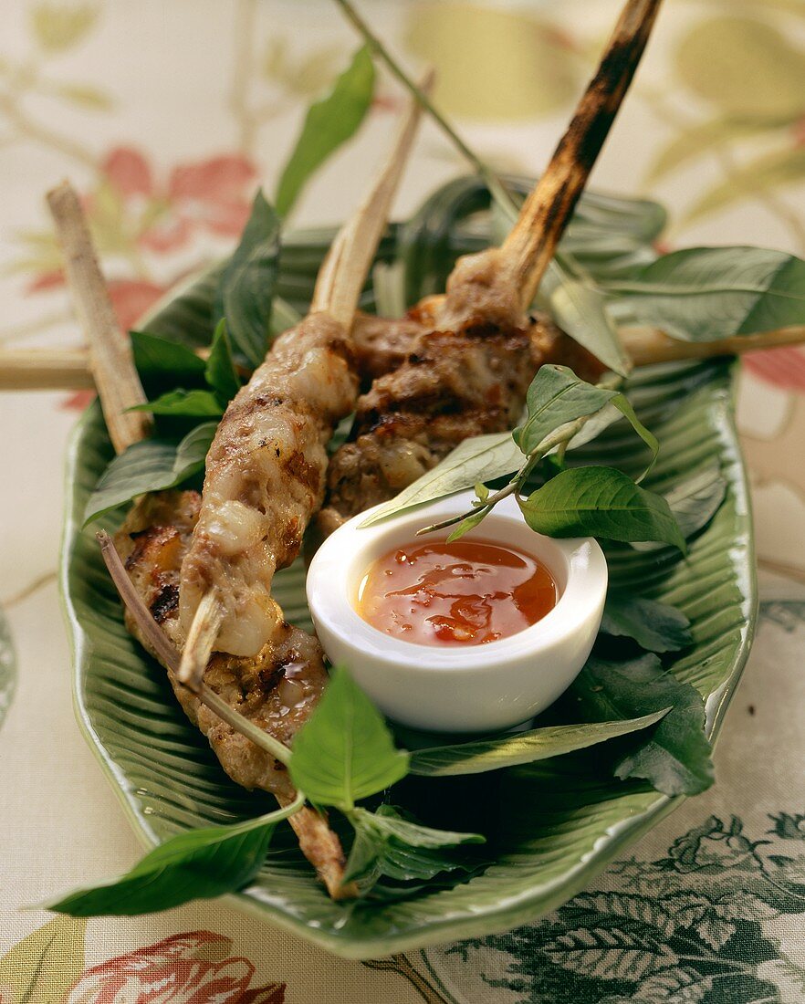 Grilled Asian style shrimp and minced pork kebabs