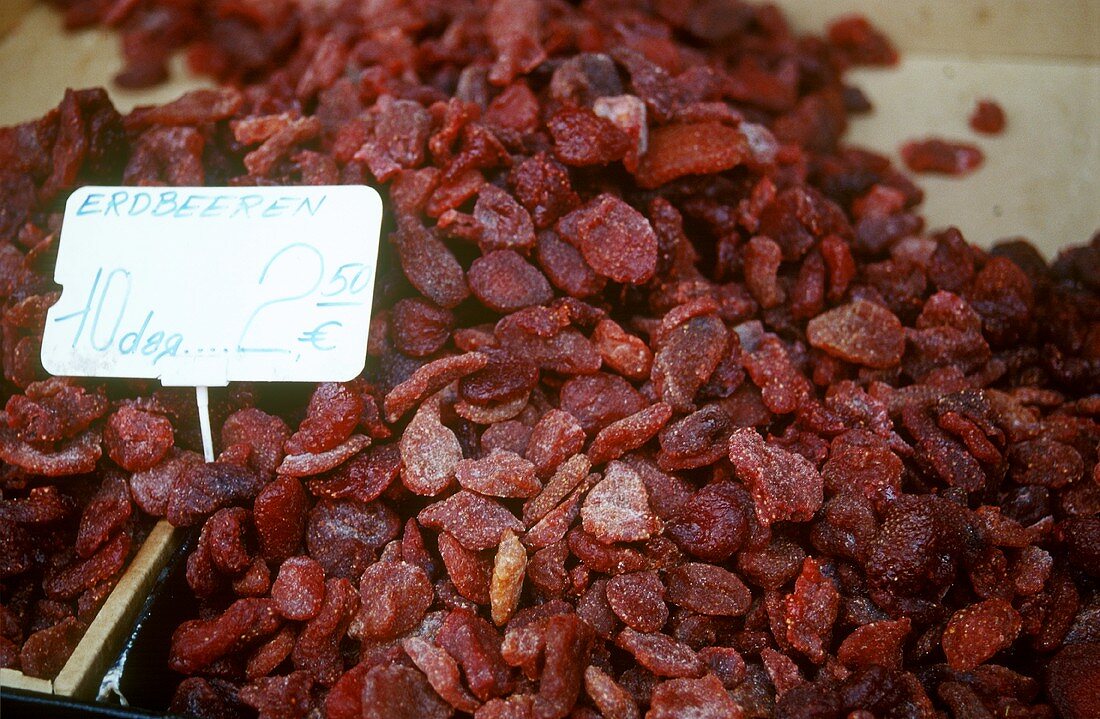 Dried strawberries on market stall