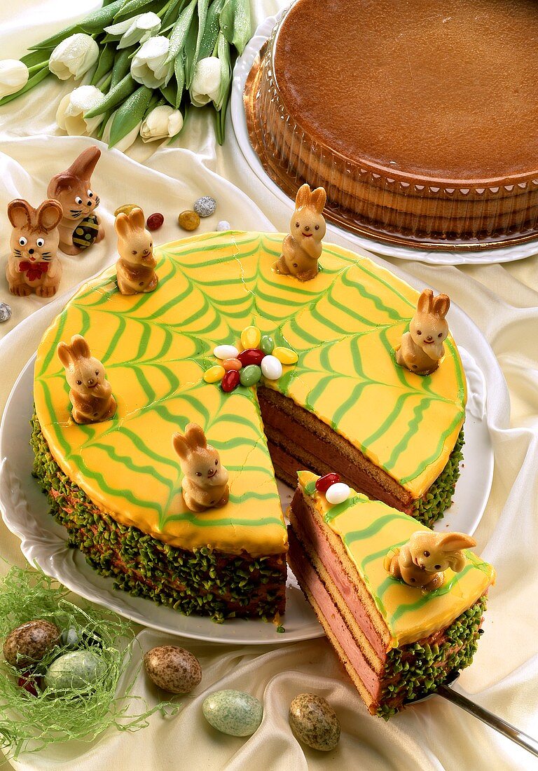 Easter cake decorated with small rabbits