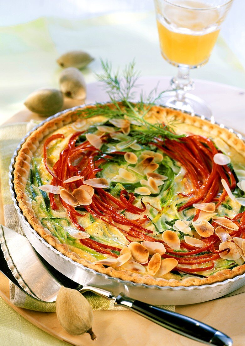 Almond and leek tart with strips of pepper