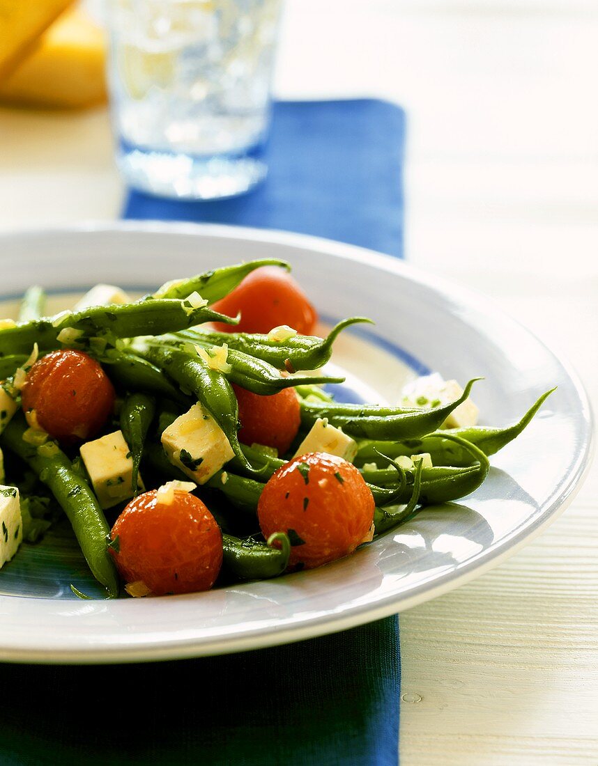 Green beans with feta and cocktail tomatoes