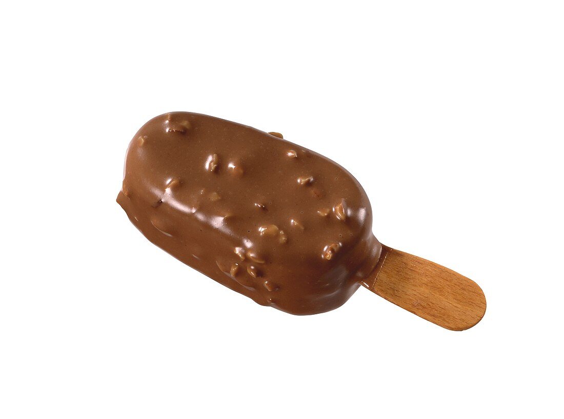 Ice cream with chocolate and nut coating on stick
