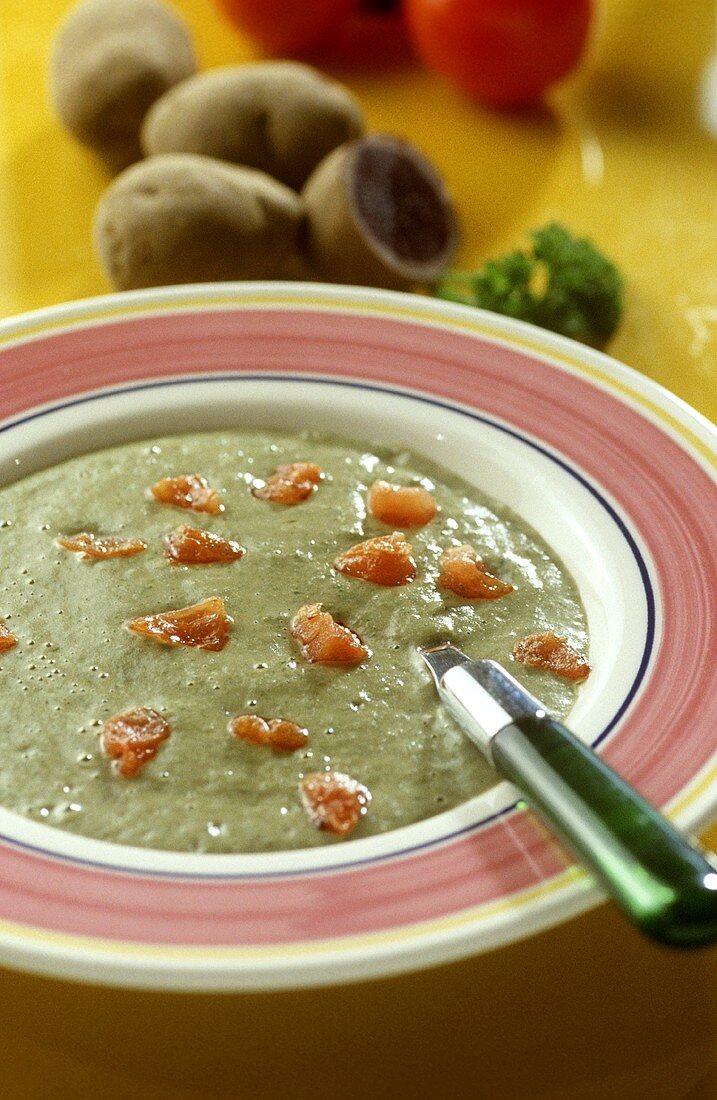 Smooth potato and leek soup made from purple potatoes