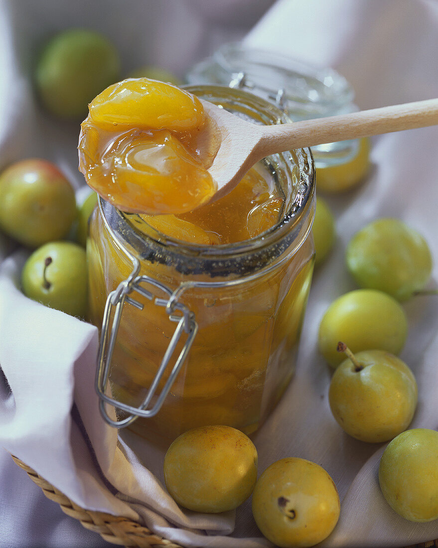 Greengage jam in preserving jar