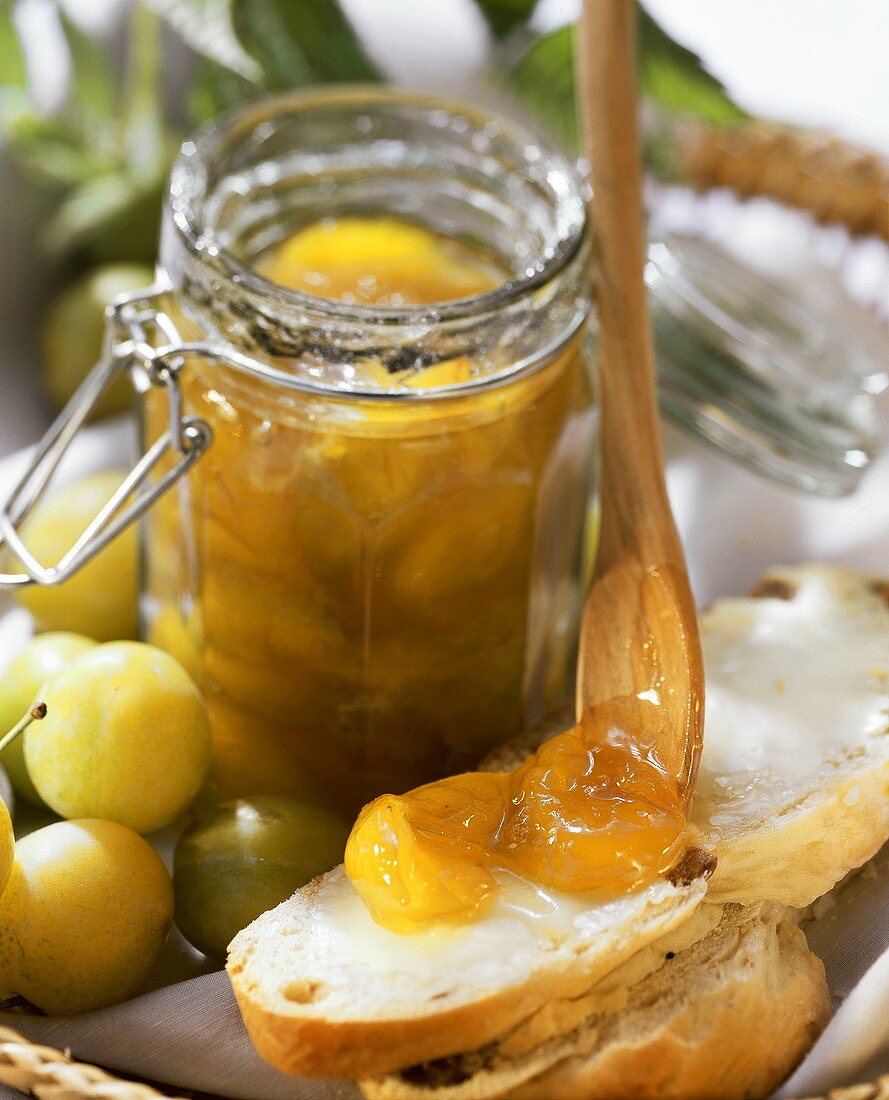 Greengage jam on bread and in preserving jar