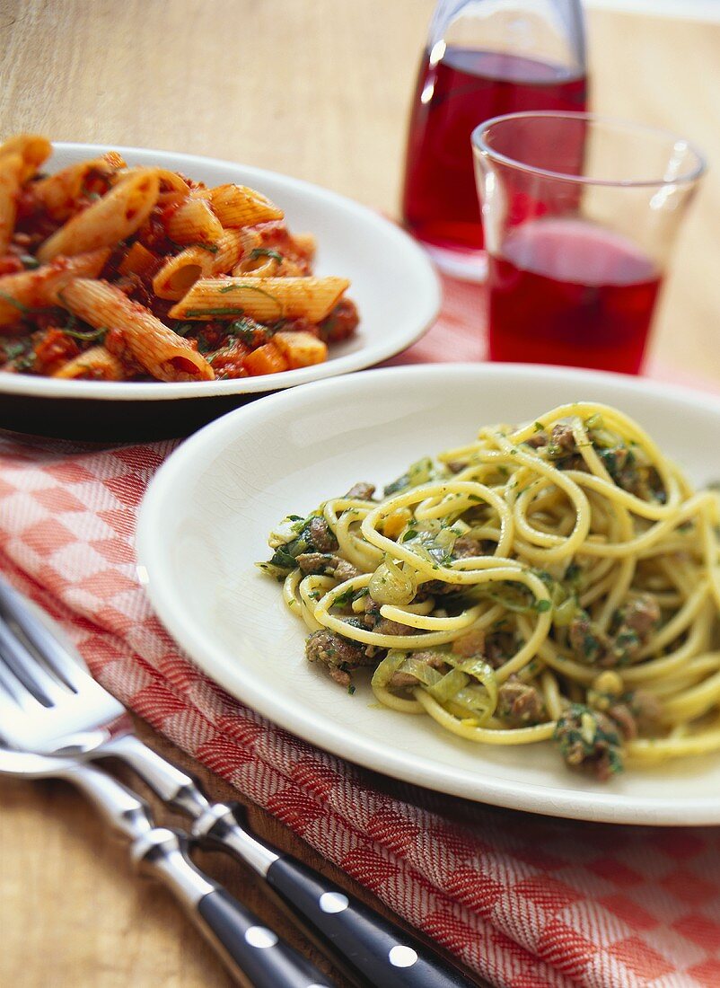 Spaghetti, minced lamb & leek sugo & penne with Bolognese sauce