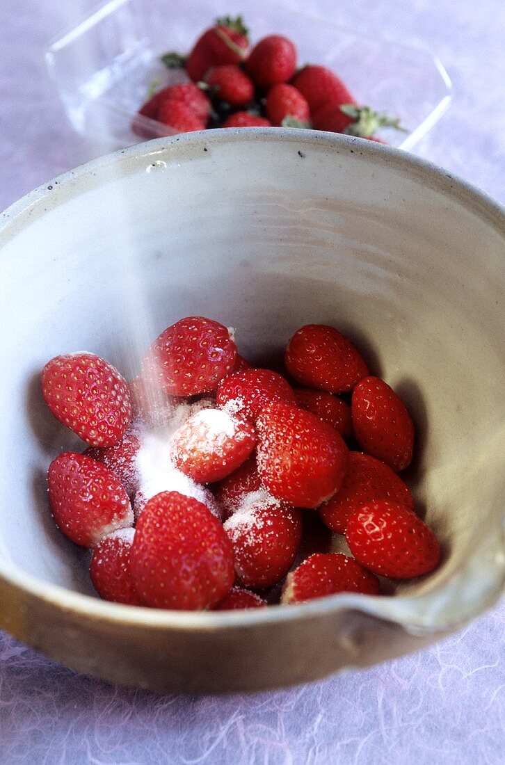 Putting sugar on strawberries