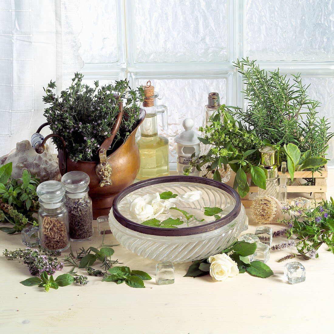 Aromatic herbs, rose petals and beauty products
