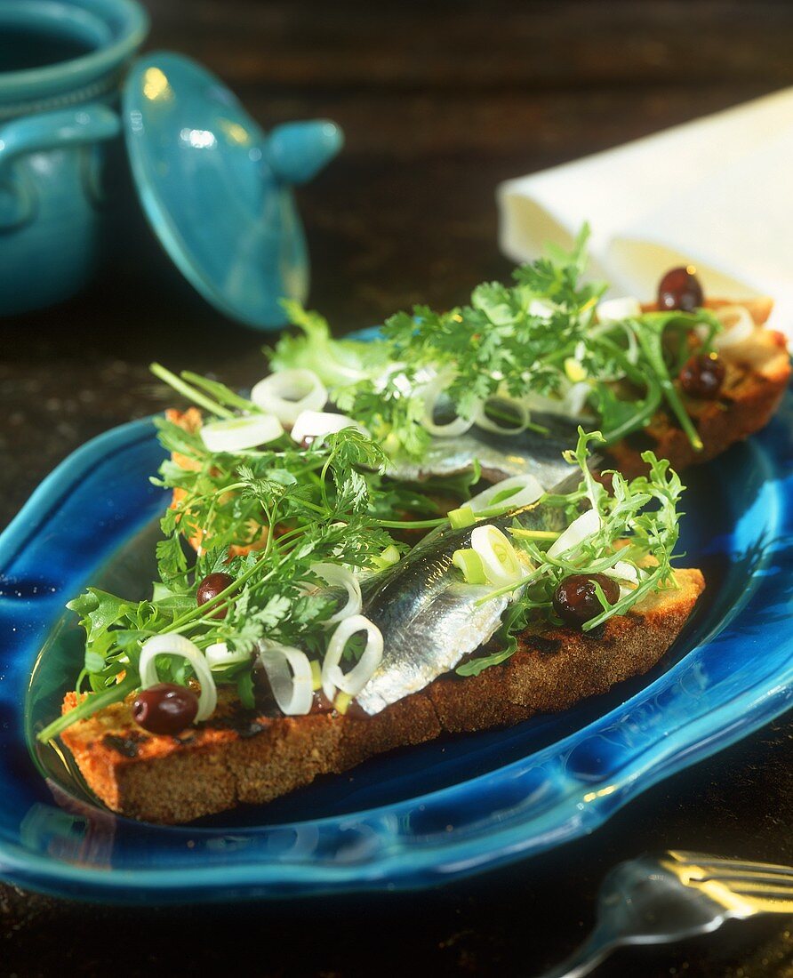 Geröstetes Brot mit Sardinen, Oliven und Kräutern