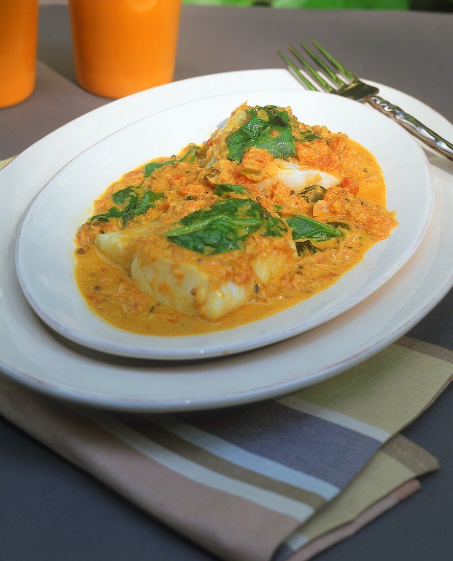 Cod with spinach and curry sauce