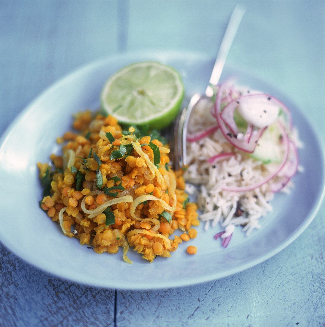 Lentil curry with rice and onions