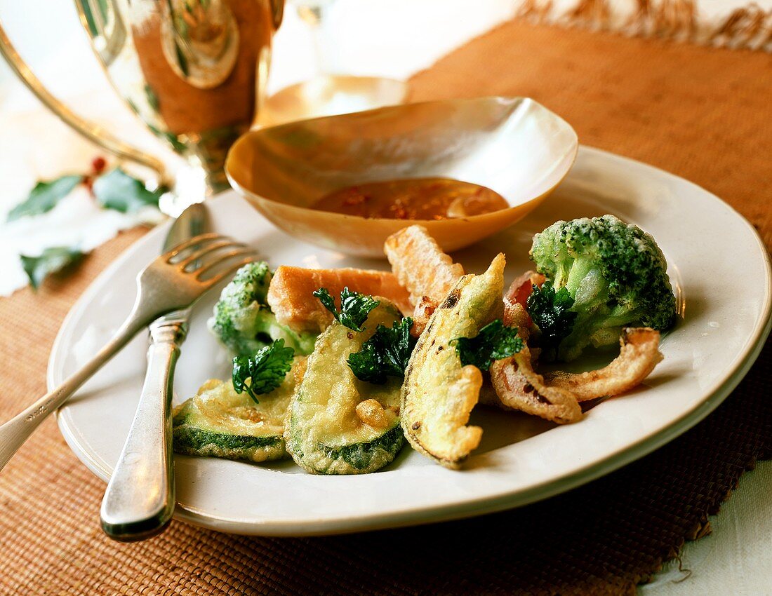 Vegetable tempura with sweet and sour ginger dip