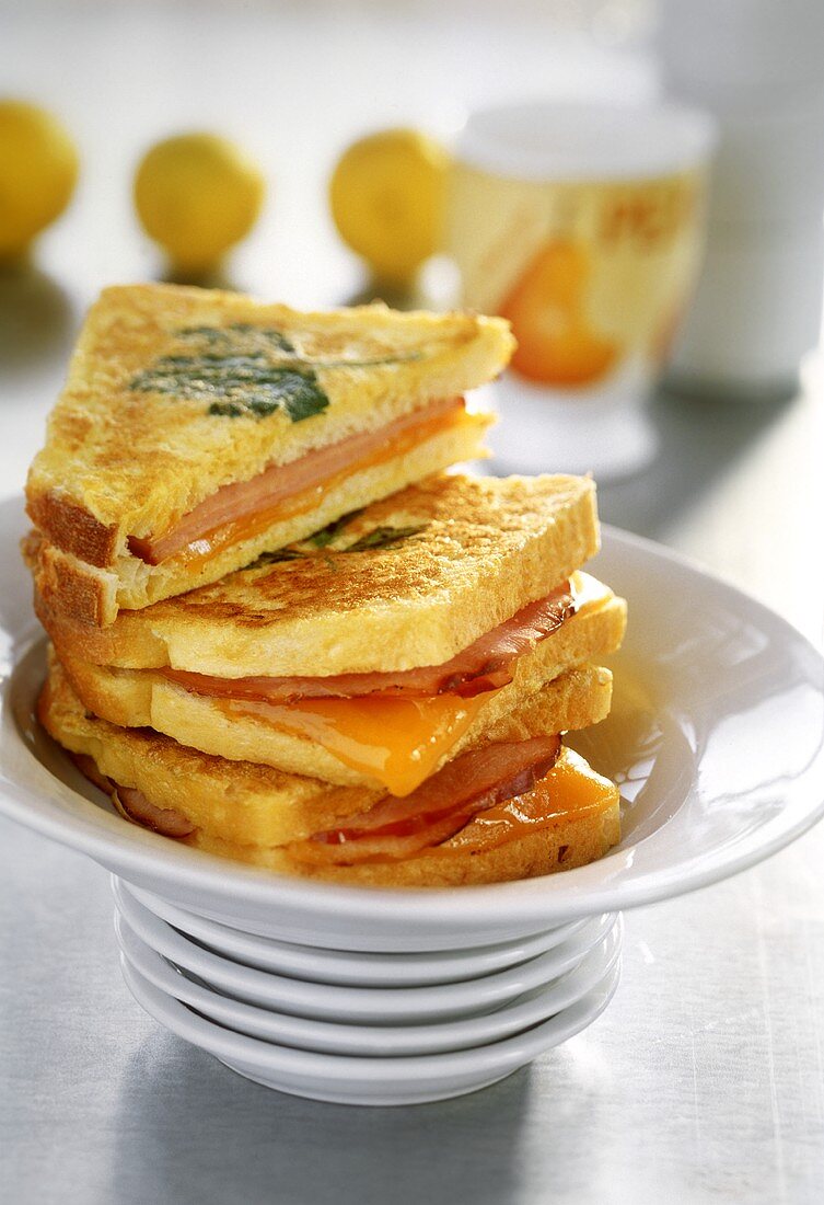 Ham and cheese sandwiches dipped in egg and fried